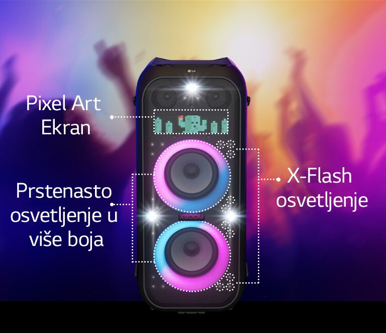 Prikaz zvučnika spreda. Postoji po red teksta s informacijama o svakom delu osvetljenja. Na vrhu je od piksela prikazana ilustracija kaktusa. U sredini je uključeno raznobojno prstenasto osvetljenje koje prelazi iz roze u plava boju. I celom površinom zvučnika se prostire X-Flash osvetljenje.