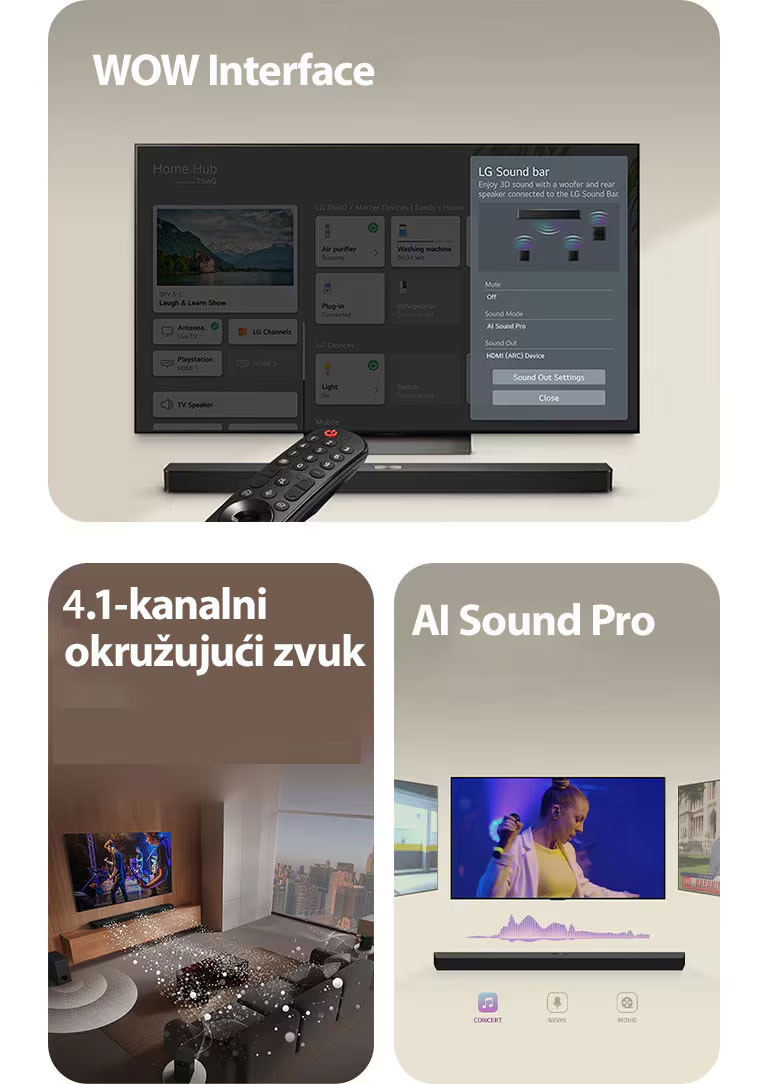 LG daljinski uperen ka LG TV-u ispod kojeg je LG Soundbar. Na ekranu TV-a se prikazuje meni WOW Interface.  LG Soundbar, LG TV i woofer nalaze se u dnevnoj sobi i na ekranu se prikazuje slika muzičkog nastupa. Dve grane belih zvučnih talasa sačinjenih od kapljica izlaze iz soundbar-a, dok woofer pravi zvučni efekat sa donje strane.  LG Soundbar sa tri različita TV ekrana iznad. Na jednom se prikazuje film, na drugom koncert, a na trećem vesti. Ispod soundbar-a su tri ikone koje ilustruju svaki žanr.