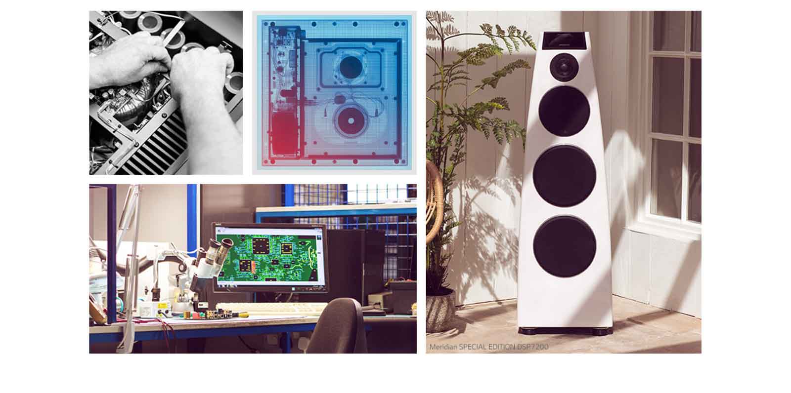 Kolaž. U smeru kazaljke na satu s gornje leve strane: dve slike Meridian internog hardvera, beli Meridian zvučnik i Meridian R&D sto.