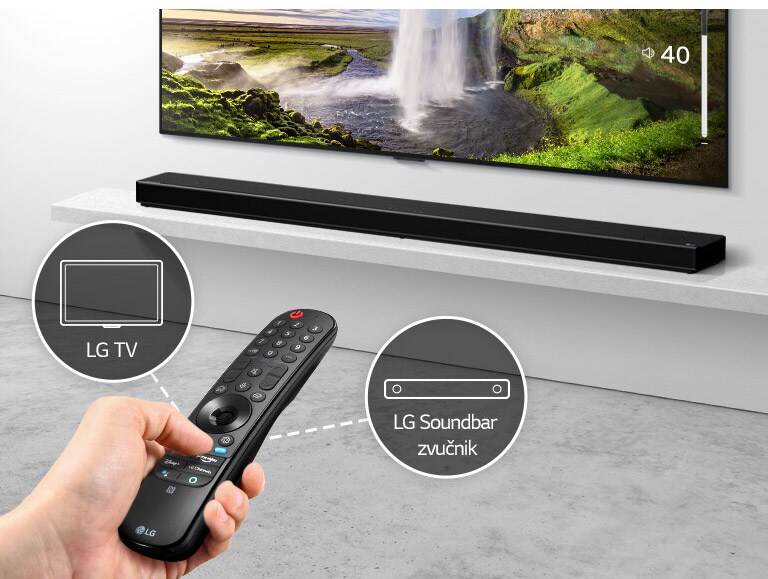Neko u ruci drži daljinski upravljač, upravljajući televizorom i Soundbar zvučnikom u pozadini. Prisutne su ikonice LG TV i LG Soundbar zvučnik.