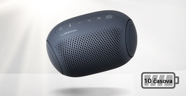 LG XBOOM Go se naginje nalevo i pluta u vazduhu.