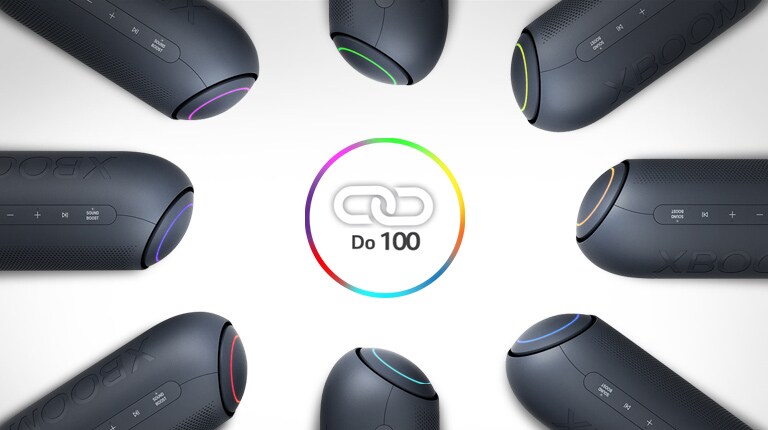 Na beloj pozadini osam zvučnika LG XBOOM Go sa različitim osvetljenjima nalaze se u krugu oko ikonice veze.