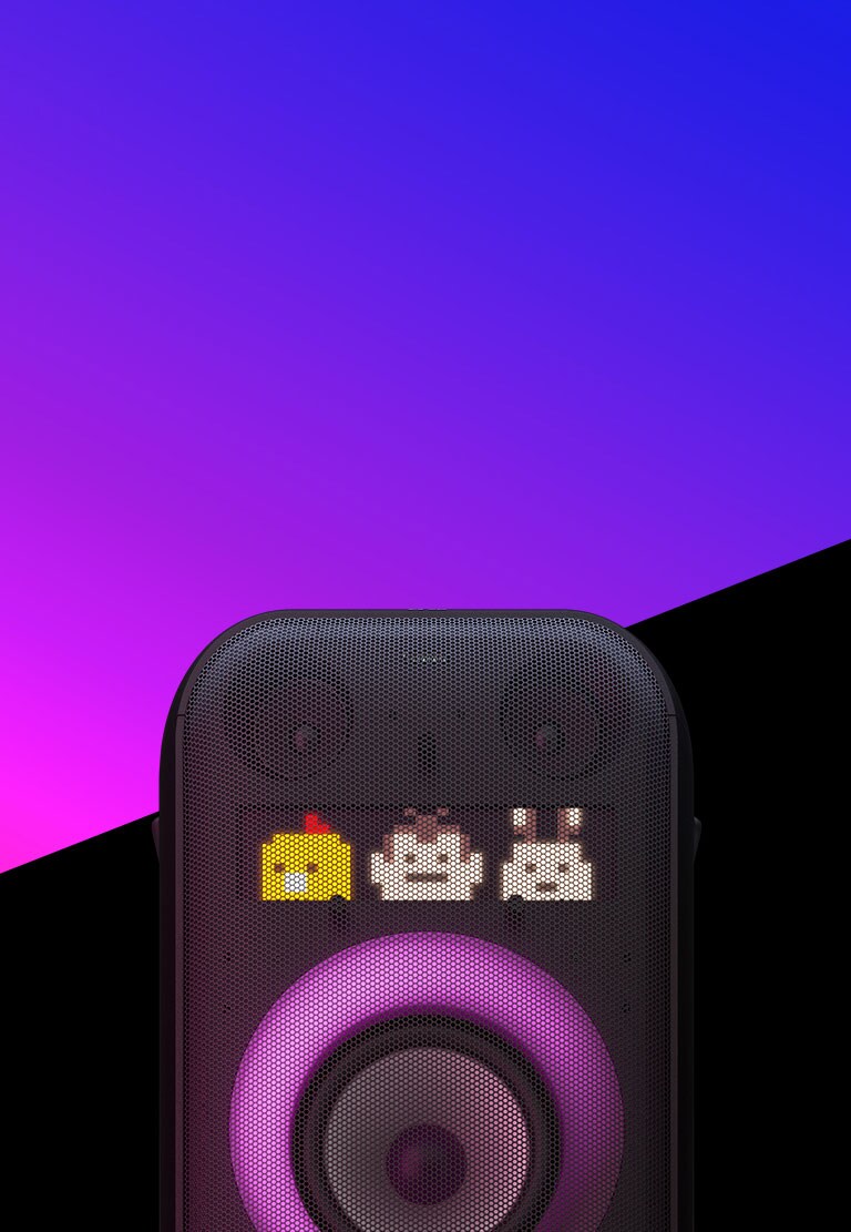 Tekst se nalazi na površini s prelazom ljubičaste boje, a ispod je dijagonalna površina crne boje. U sredini je zvučnik sa prikazom ilustracije od piksela i raznobojnim prstenastim osvetljenjem.