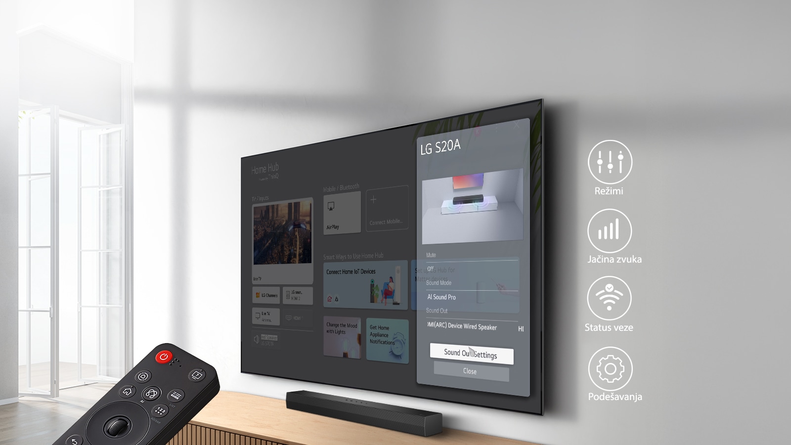 Zidni TV s početnim ekranom LG webOS, a ispod TV-a je SH5A, na TV stalaži. Na levoj slici je delimično prikazan daljinski upravljač LG TV-a, a na desnoj su 4 ikone s WOW Interface funkcijama.				
