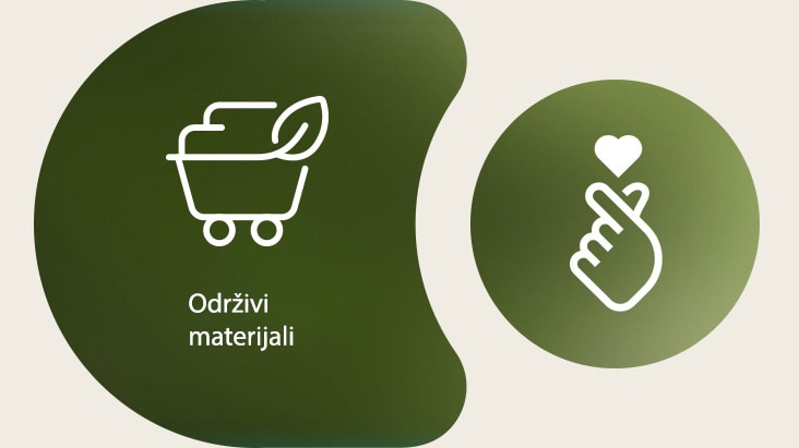 Na levoj strani se vidi LG ikona održivih materijala s imenom napisanim ispod. Na desnoj strani se vidi ikona srca napravljenog prstima ESG.
