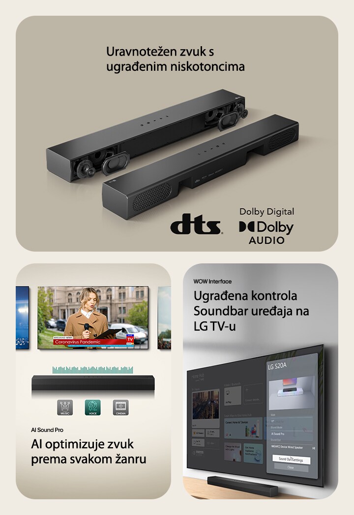 "Na levoj slici su 2 S20A Soundbar uređaja, na jednom se vide unutrašnji delovi kao što su niskotonci i visokotonci bez rešetke, a na drugoj se vidi zadnja strana. Na desnoj strani su prikazani logotip dts i Dolby digital. Na srednjoj slici su prikazana 3 TV ekrana: Reporterka na bini s mikrofonom i tabletom u rukama i srednjovekovni vojnik u oklopu koji jaše konja. Ispod TV uređaja je Soundbar SH5A s grafikom ekvilajzera. U dnu su 3 ikone: MUSIC, VOICE i CINEMA. Na desnoj slici je zidni TV s početnim ekranom LG webOS, a ispod TV-a je SH5A, na TV stalaži. Na levoj slici je delimično prikazan daljinski upravljač LG TV-a, a na desnoj su 4 ikone s WOW Interface funkcijama."				