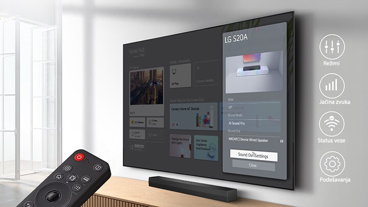 Zidni TV s početnim ekranom LG webOS, a ispod TV-a je SH5A, na TV stalaži. Na levoj slici je delimično prikazan daljinski upravljač LG TV-a, a na desnoj su 4 ikone s WOW Interface funkcijama.				