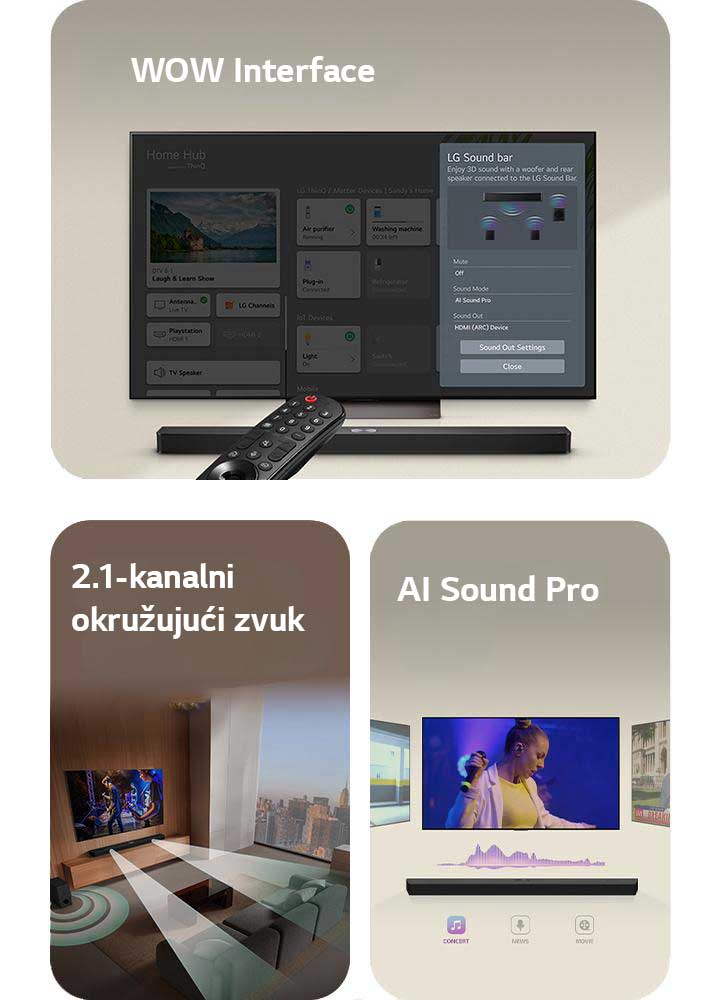 LG daljinski upravljač uperen ka LG TV-u ispod kojeg je LG Soundbar. Na ekranu LG TV-a se prikazuje meni WOW Interface.  LG Soundbar, LG TV i niskotonac nalaze se u dnevnoj sobi i na ekranu se prikazuje slika muzičkog nastupa. Dve grane belih zvučnih talasa sačinjenih od kapljica izlaze iz soundbar zvučnika, dok niskotonac pravi zvučni efekat sa donje strane.  LG Soundbar sa tri različita TV ekrana iznad. Na jednom se prikazuje film, na drugom koncert, a na trećem vesti. Ispod soundbar zvučnika su tri ikone koje ilustruju svaki žanr.