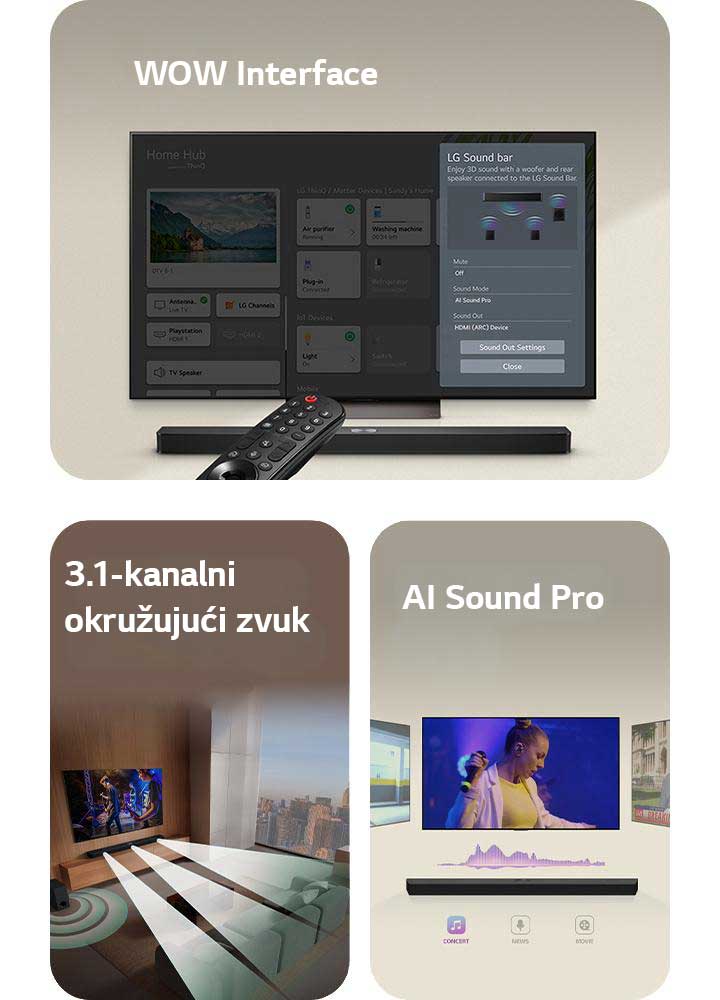 Slika LG Soundbar zvučnika, LG daljinskog upravljača i  LG TV-a na čijem je ekranu WOW Interface.  Slika dnevne sobe sa LG TV-om i LG Soundbar zvučnikom koji emituju muzički nastup. Beli zvučni talasi sačinjeni od kapljica izlaze iz soundbar zvučnika i kreću se oko životnog prostora ilustrujući okružujući zvuk. Gradski pejzaž je vidljiv kroz prozor.  Slika LG Soundbar zvučnika sa tri različita TV ekrana iznad. Na jednom se prikazuje film, na drugom koncert, a na trećem vesti. Ispod soundbar zvučnika su ikonice Koncert, Vesti i Film.