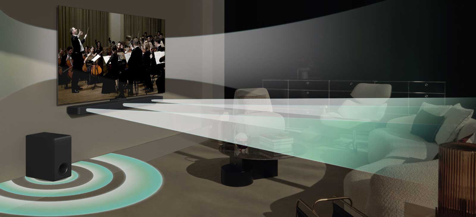 Scena s koncerta na LG TV-u na zidu. Virtuelni zvučni efekat istovremeno izlazi iz LG TV-a, uređaja LG Soundbar S60TR i njegovog niskotonca, što prikazuje kako se postiže WOW Orchestra.