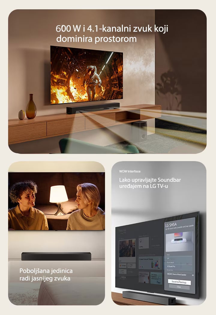 Na levoj slici je TV s naučnim sadržajem, a dole desno je postavljen Soundbar SH5A. Na podu je i niskotonac Soundbar uređaja. Široki beli poluprozirni zvučni talasi izlaze iz Soundbar uređaja i njegovog niskotonca. Na sredini slike je postavljen TV sa scenom para koji gledaju jedno u drugo ispred podne lampe. Ispod TV-a je Soundbar SH5A. Na desnoj slici je zidni TV s početnim ekranom LG webOS, a ispod TV-a je SH5A, na TV stalaži. Na levoj slici je delimično prikazan daljinski upravljač LG TV-a, a na desnoj su 4 ikone s WOW Interface funkcijama.