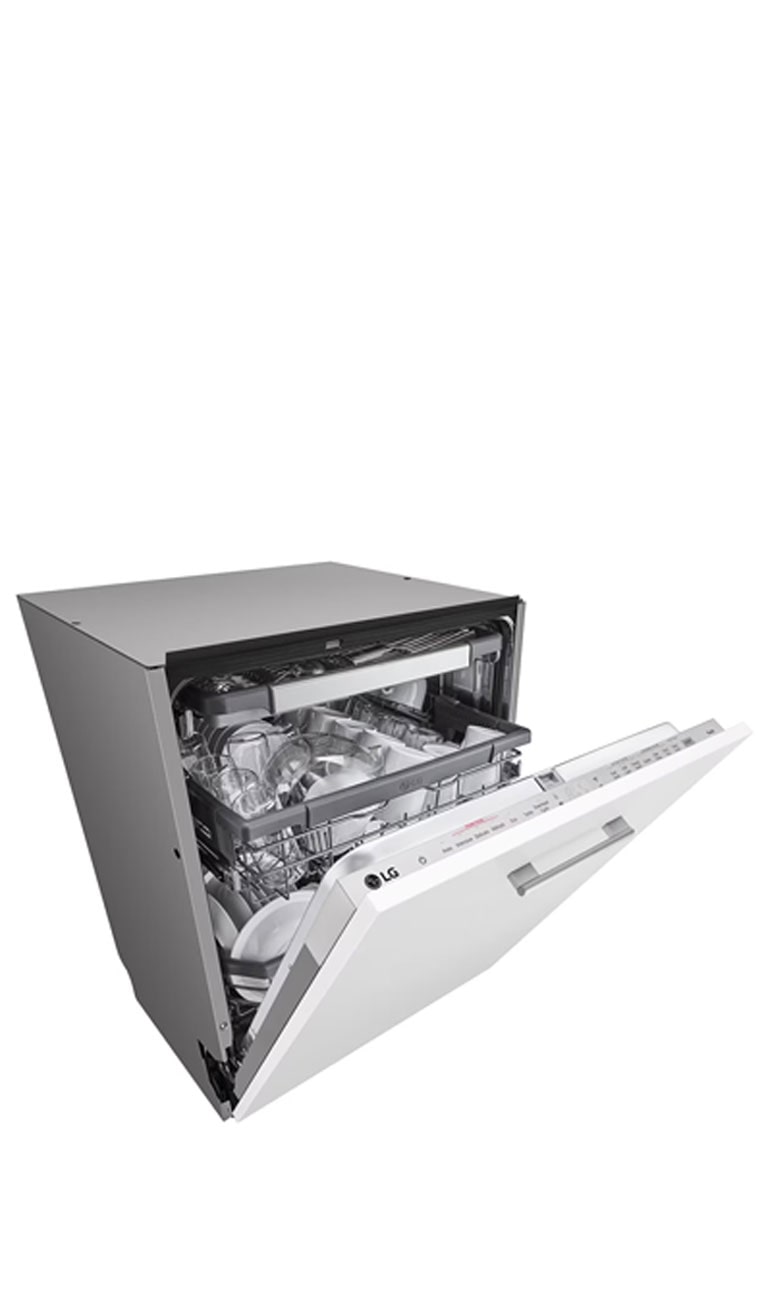 Prikazuje sliku modela mašine za pranje sudova sa delimično otvorenim vratima.