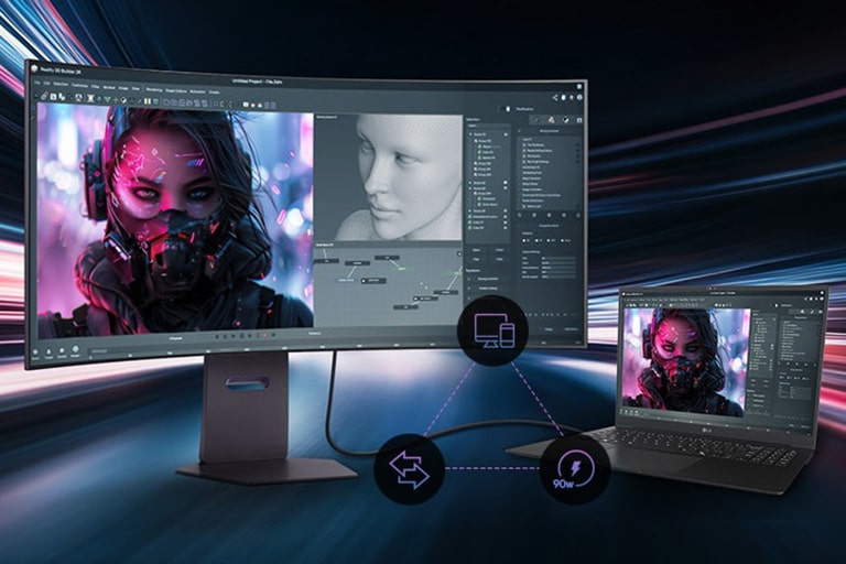 Ultraširoki monitor povezan s laptopom na kom je prikazano kreativno delo.