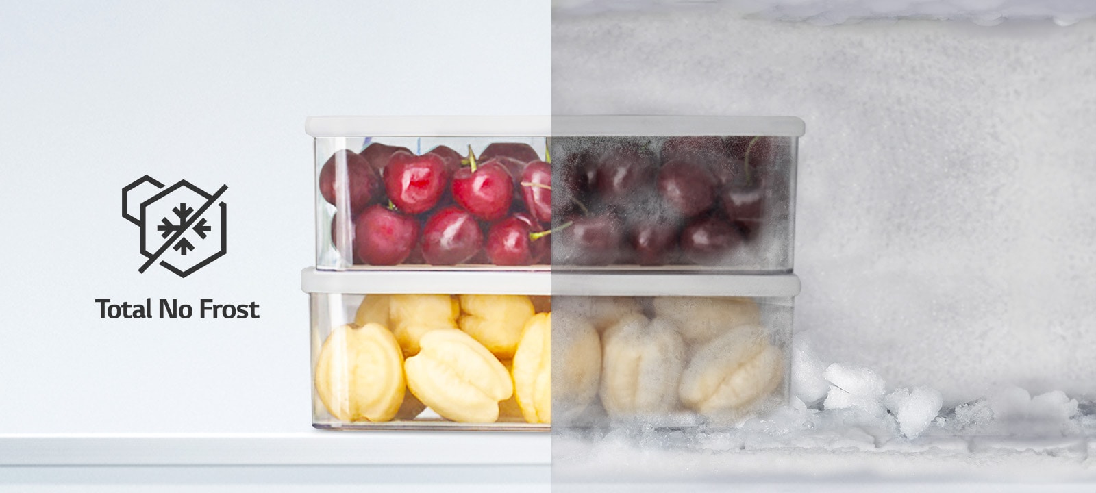 Voće u plastičnoj kutiji, polovina je zamrznuta, druga polovina nije. Takođe je prikazan piktogram Total No Frost.