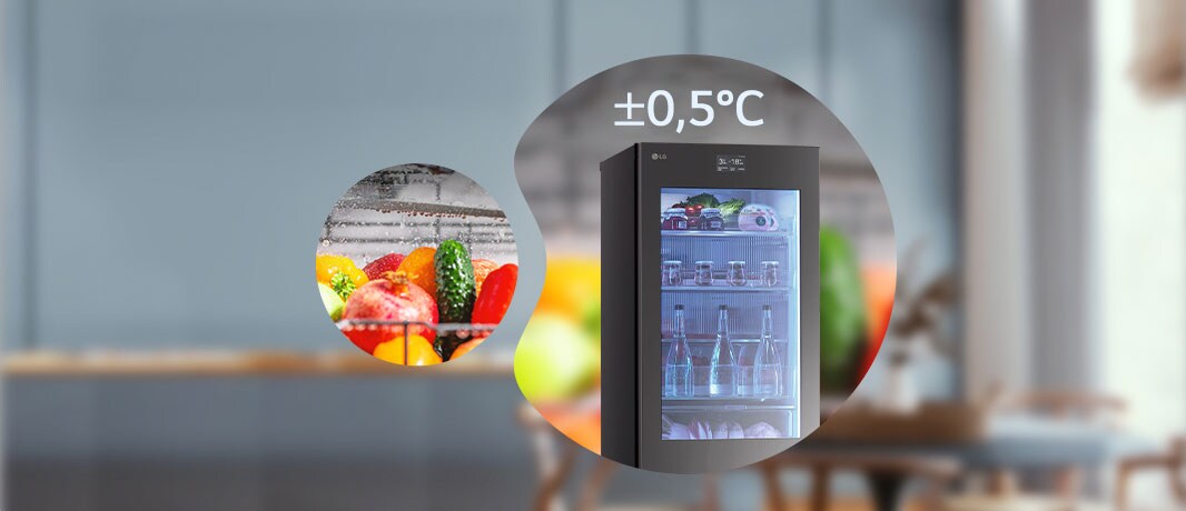 Slike vrha frižidera sa znakom plus ili minus 0,5 stepeni i sveže povrće u mehurićima.