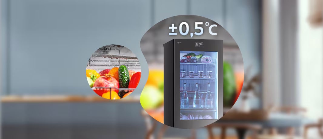 Slike vrha frižidera sa znakom plus ili minus 0,5 stepeni i sveže povrće u mehurićima.