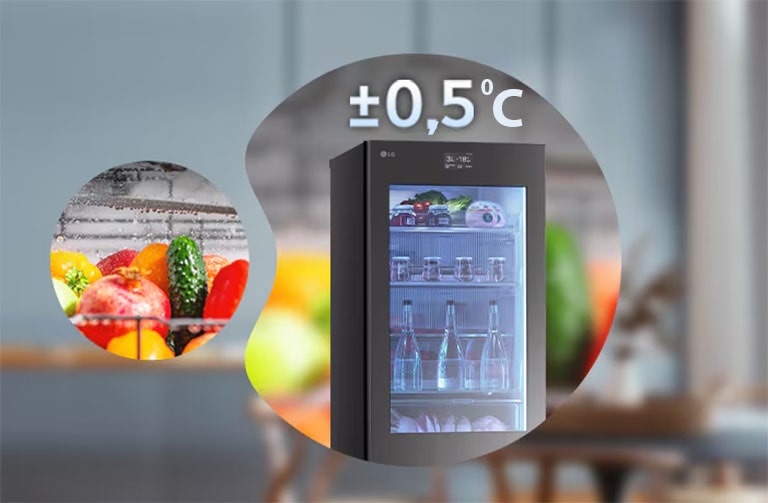 Slike vrha frižidera sa znakom plus ili minus 0,5 stepeni i sveže povrće u mehurićima.