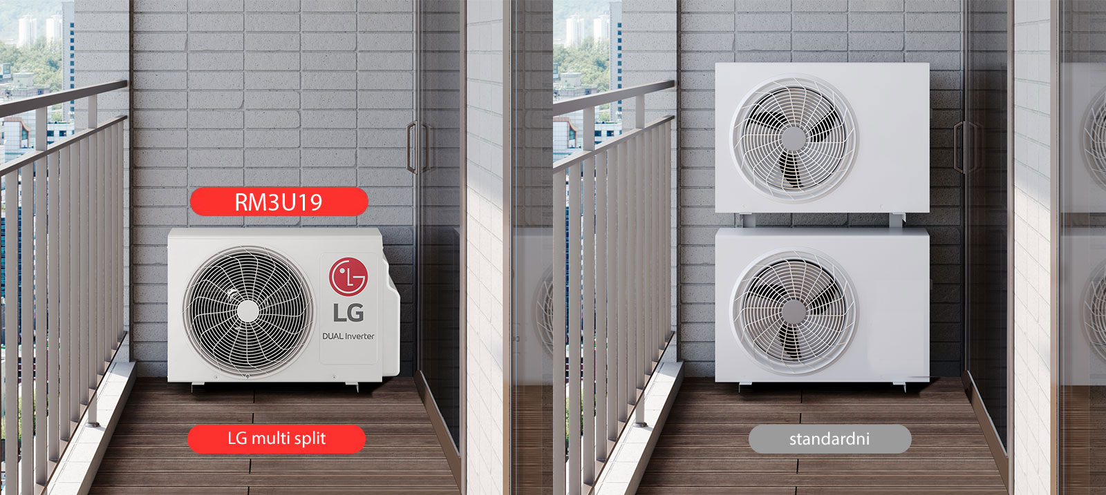 3 zasebne slike LG multi split i standardnih proizvoda na balkonu.