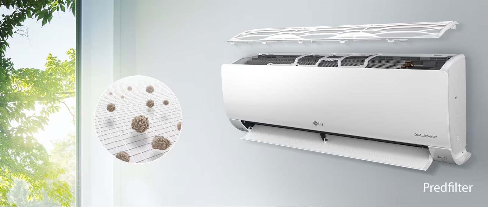 LG klima uređaj postavljen je na zidu i prikazan sa strane. Gornji panel lebdi iznad i vide se unutrašnji filteri. Linija iz predfiltera vodi ka uvećanom krugu koji prikazuje prašinu nakupljenu u predfilteru. Logotip predfiltera je prikazan u donjem desnom uglu.