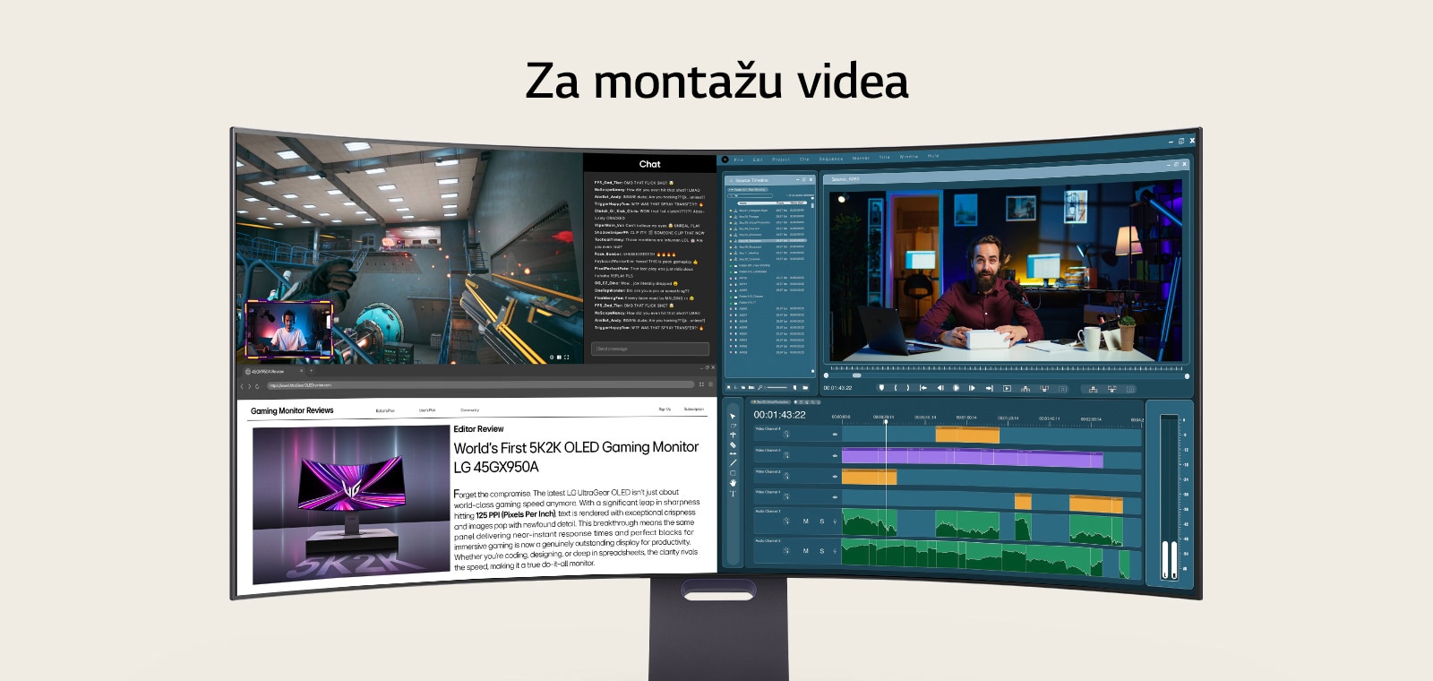 Konfiguracija za obavljanje više zadataka istovremeno na kojoj su prikazani igranje video-igara, montaža videa, dizajn i video-pozivi u različitim aplikacijama, i sve to na LG 5K2K OLED monitoru.