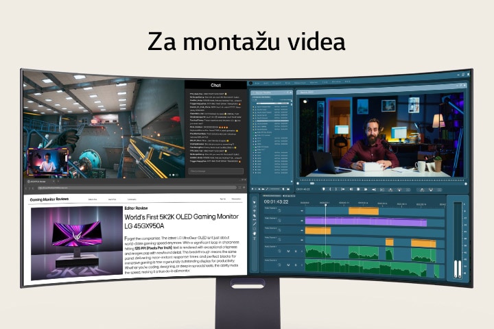 Konfiguracija za obavljanje više zadataka istovremeno na kojoj su prikazani igranje video-igara, montaža videa, dizajn i video-pozivi u različitim aplikacijama, i sve to na LG 5K2K OLED monitoru.