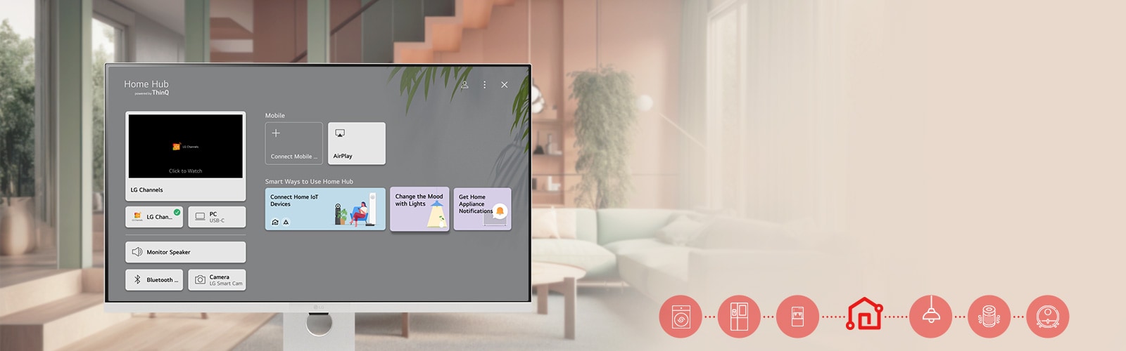 Ekran LG Smart Monitor prikazuje interfejs usluge ThinQ Home Dashboard.