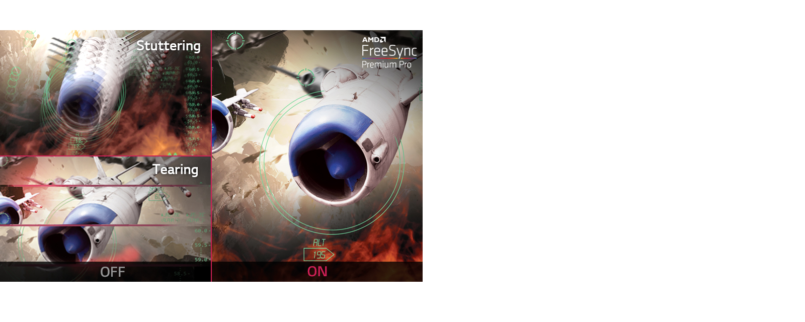 Jasan prikaz slike tokom igranja uz besprekorne, glatke pokrete kada je uključena funkcija AMD FreeSync™ Premium Pro, dok se seckanje i kočenje javljaju kada je funkcija AMD FreeSync™ Premium Pro isključena.