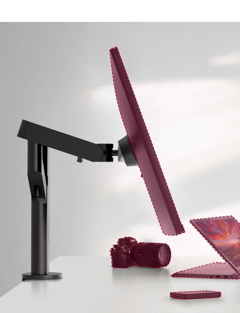 Ergo postolje kompaktnog dizajna zauzima veoma malu površinu stola, a takođe doprinosti jednostavnijem postavljanju.