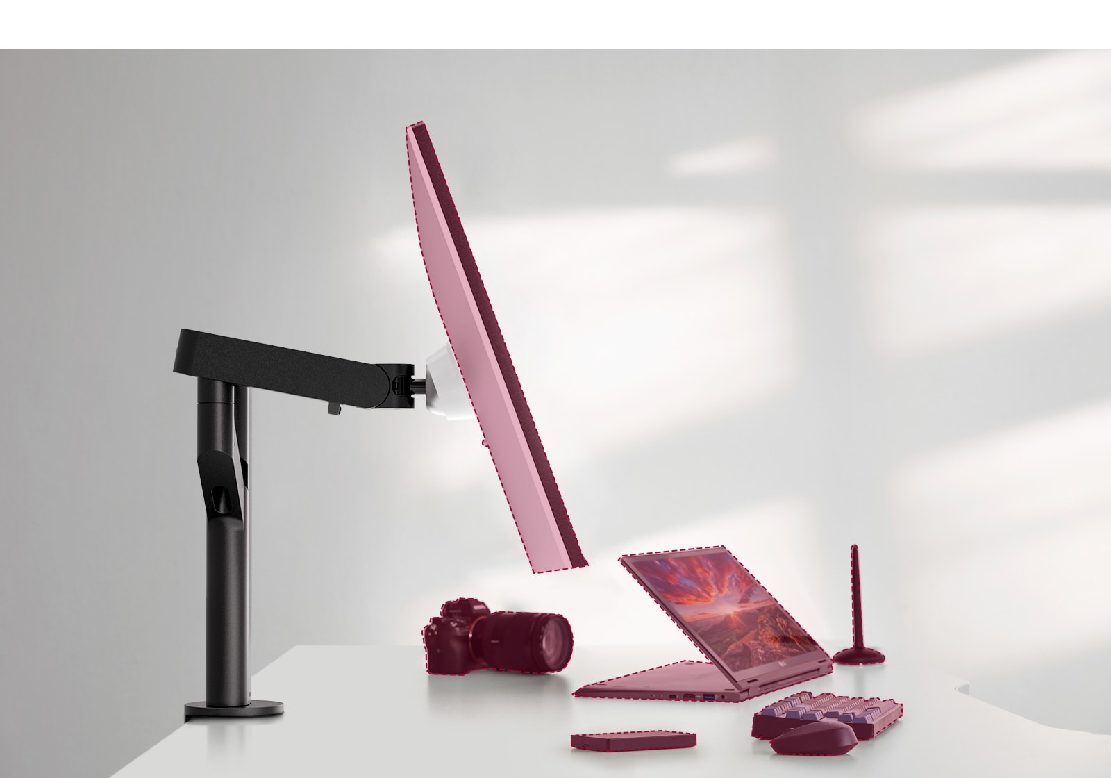 Ergo postolje kompaktnog dizajna zauzima veoma malu površinu stola, a takođe doprinosti jednostavnijem postavljanju.