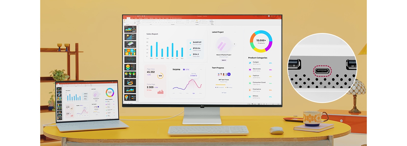USB Type-C™ priključak omogućava 4K prikaz, prenos podataka i punjenje povezanih uređaja (do 65 W) preko jednog kabla.