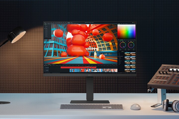 Prednji prikaz belog LG monitora na radnom stolu, s raznobojnim interfejsom za 3D uređivanje, kao i lampom, tastaturom, miksetom i slušalicama u blizini.	