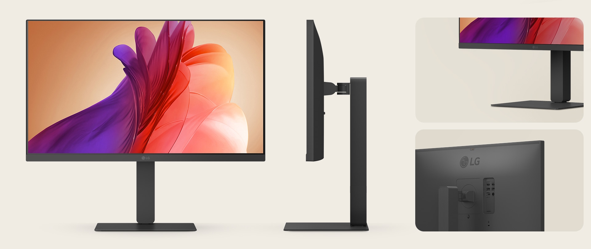 Prikaz prednje i bočne strane i detalja belog LG monitora s elegantnim postoljem i minimalističkim zadnjim panelom.	