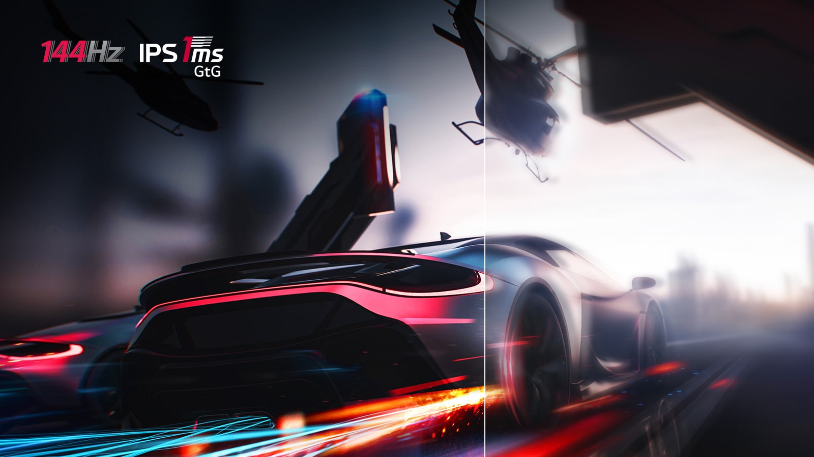 Poređenje animacija trkačkog automobila u igri kad su 144 Hz i 1 ms (GtG) primenjeni i kad nisu.