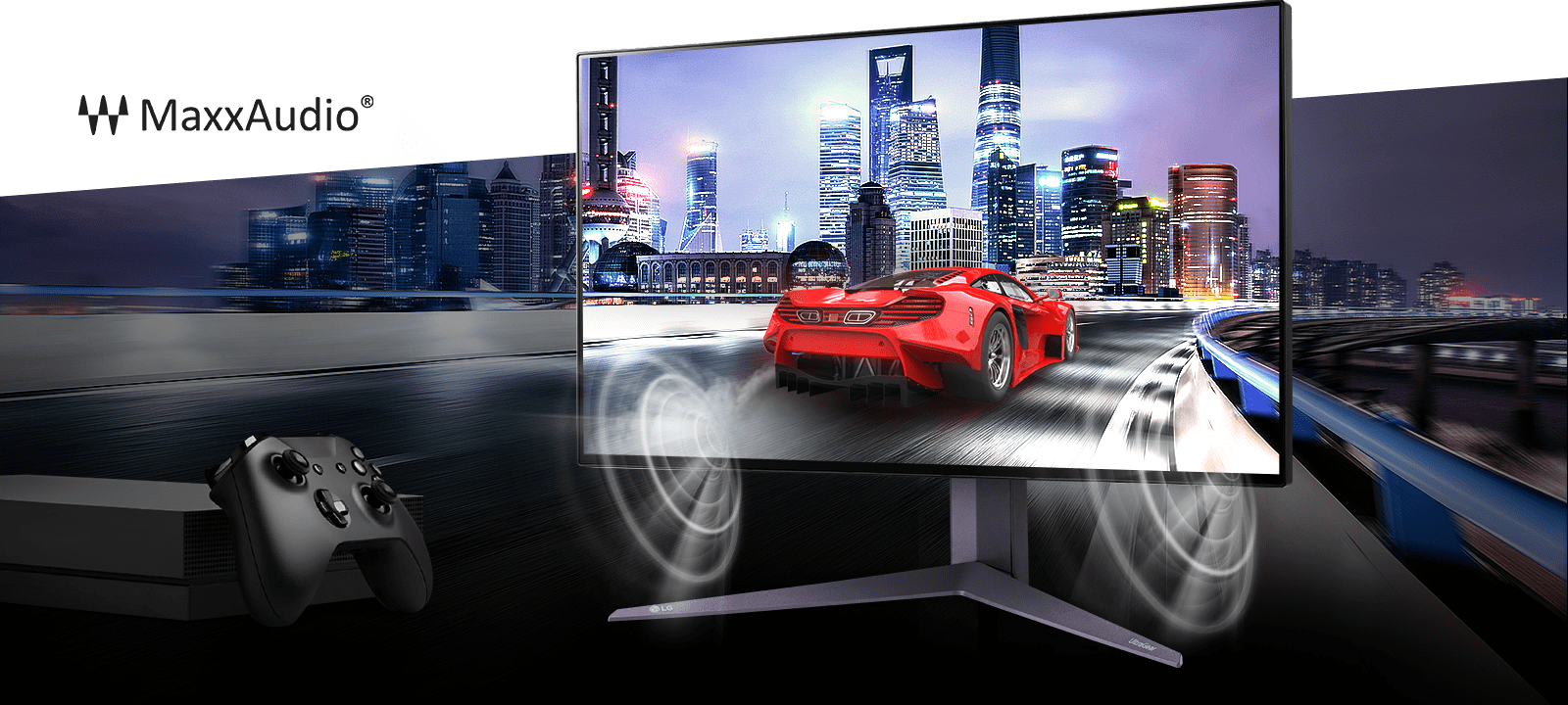 Prikazana je scena iz igre na monitoru 27GR95UM sa zvukom koji se emituje iz internih zvučnika sa tehnologijom MaxxAudio®.