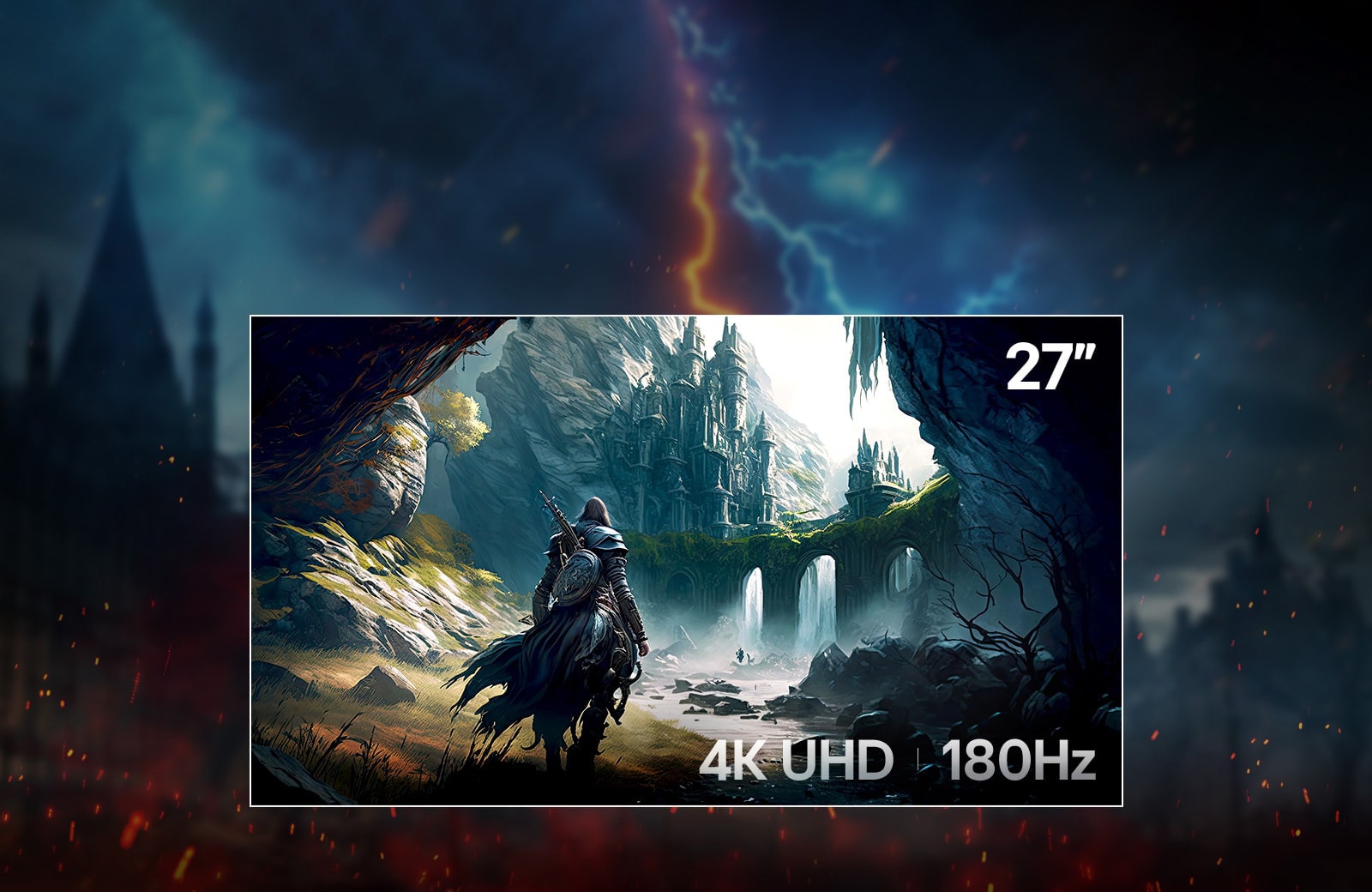 Ratnik na konju približava se ruševinama. Naslov je „Dominirajte idealnom veličinom”, sledi tekst o 4K rezoluciji i Dual-Mode