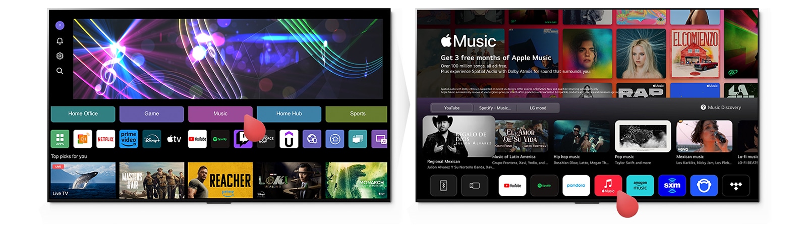 Kursor klikće na opciju Music na početnoj stranici sistema WebOS i otvara stranicu Music sa uslugom Apple Music i drugim sajtovima za streaming muzike.