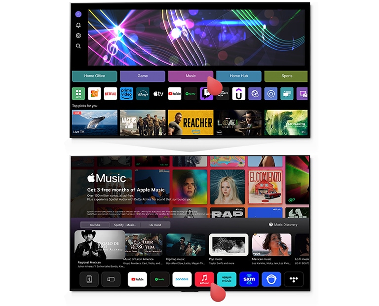 Kursor klikće na opciju Music na početnoj stranici sistema WebOS i otvara stranicu Music sa uslugom Apple Music i drugim sajtovima za streaming muzike.
