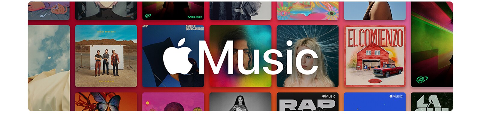 Raspored albuma u vidu mreže sa logotipom Apple Music koji se prikazuje preko njih.