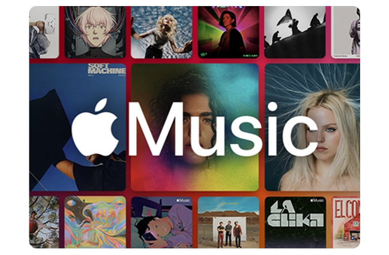 Raspored albuma u vidu mreže sa logotipom Apple Music koji se prikazuje preko njih.