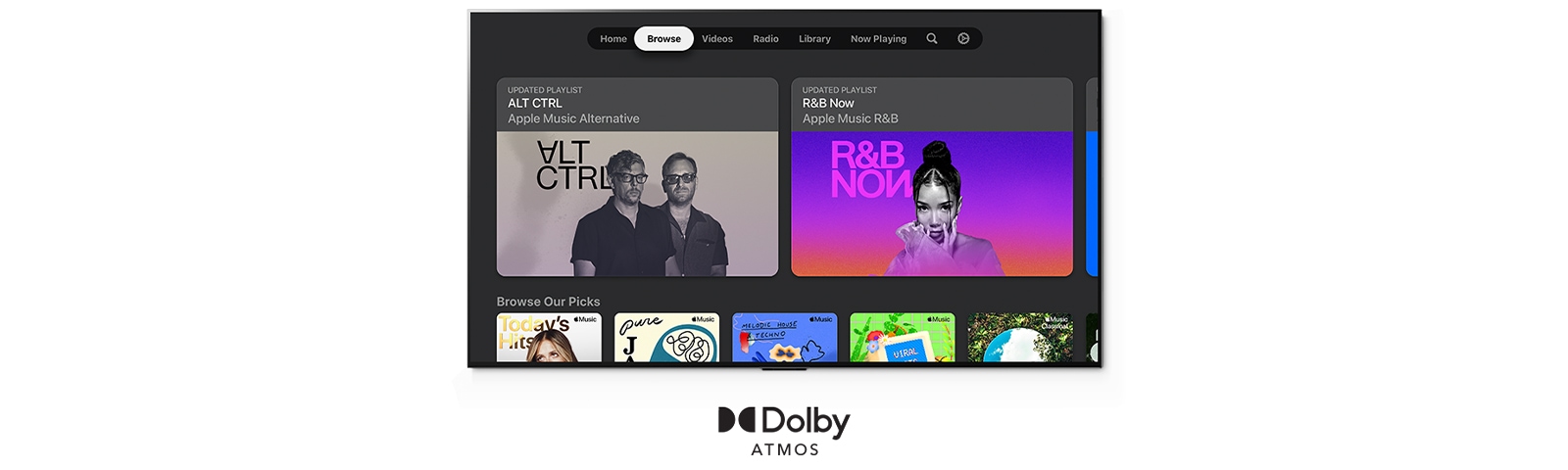 Interfejs usluge Apple Music prikazuje aktuelne liste pesama i personalizovane izbore sa Dolby Atmos logotipom ispod.
