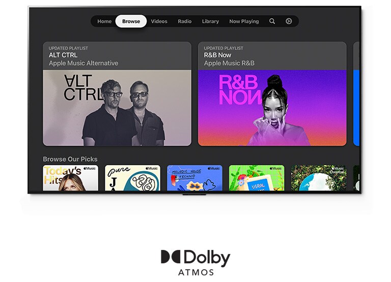 Interfejs usluge Apple Music prikazuje aktuelne liste pesama i personalizovane izbore sa Dolby Atmos logotipom ispod.