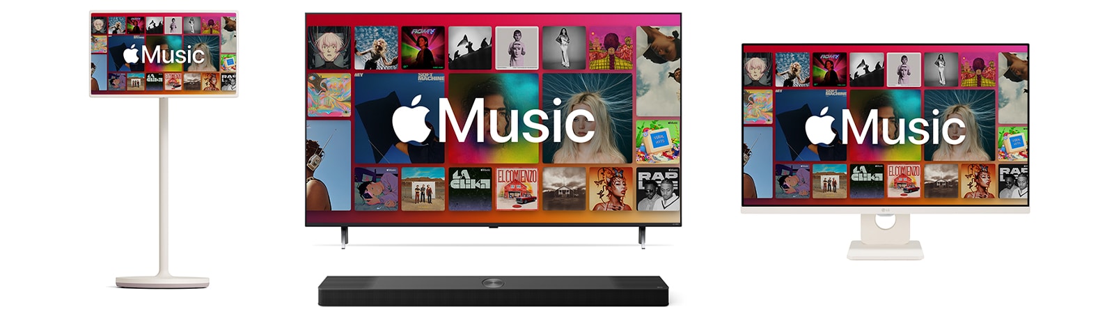 LG StandbyME, LG TV sa LG Soundbar uređajem i LG monitor svi prikazuju Apple Music na ekranima.
