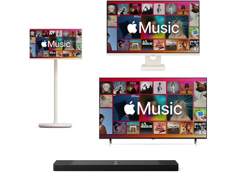 LG StandbyME, LG TV sa LG Soundbar uređajem i LG monitor svi prikazuju Apple Music na ekranima.