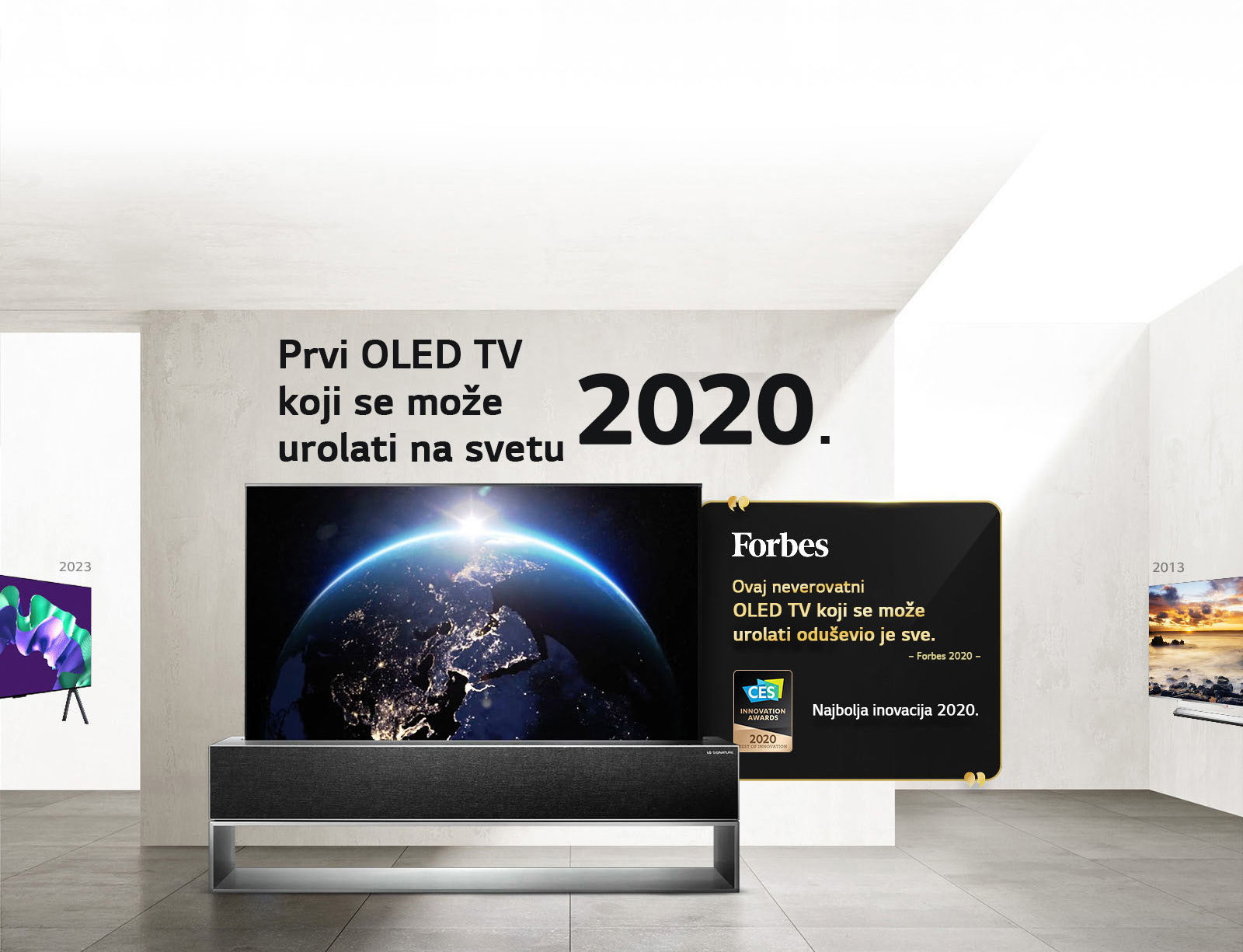 LG TV. Naslov glasi, Prvi OLED TV koji se može urolati na svetu 2020. Pored njega su citati za dodeljenu nagradu. Forbes, ovaj neverovatni OLED TV koji se može urolati oduševio je sve. Nagrada za najbolju inovaciju 2020 – CES Innovation Awards