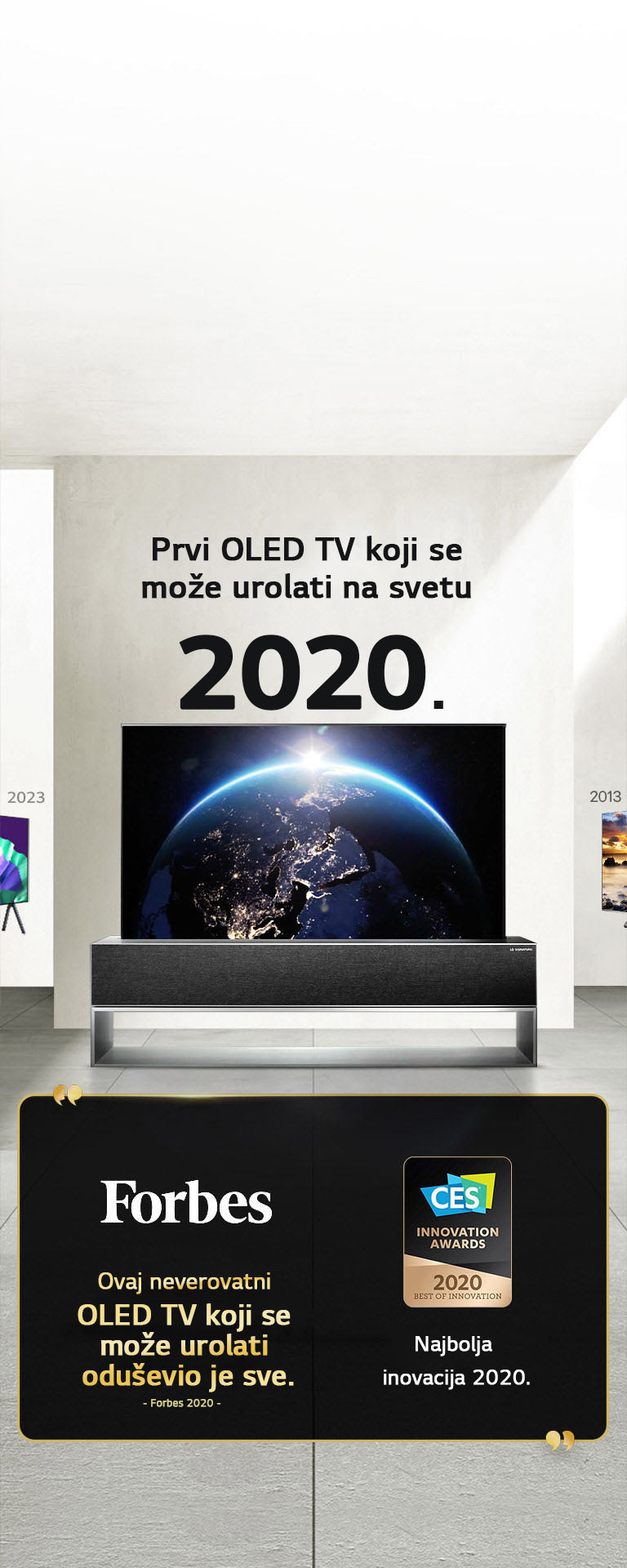 LG TV. Naslov glasi, Prvi OLED TV koji se može urolati na svetu 2020. Pored njega su citati za dodeljenu nagradu. Forbes, ovaj neverovatni OLED TV koji se može urolati oduševio je sve. Nagrada za najbolju inovaciju 2020 – CES Innovation Awards