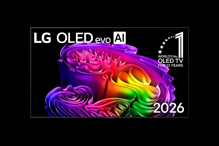 LG OLED evo AI C6, prikazujući živopisan, skulpturalni vrtlog slojevitih duginih tonova preko ekrana	