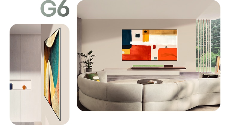 LG OLED evo AI G6 sa Flush-fit Gallery Design naglašava besprekoran profil montiran na zid u modernoj dnevnoj sobi, prikazujući apstraktna umetnička dela uz bočni ugao koji ilustruje njegovu tanku instalaciju blizu zida.	