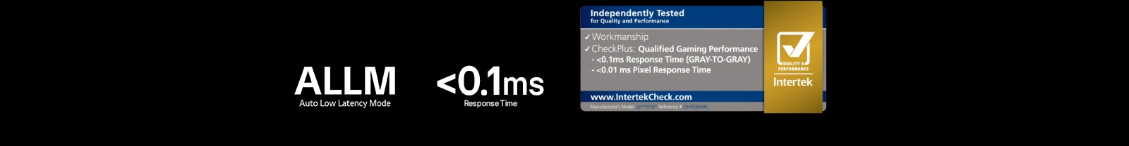 ALLM (automatski režim male latencije), vreme odziva <0,1 ms i značka Intertek sertifikacije se prikazuju na tamnoj pozadini.	