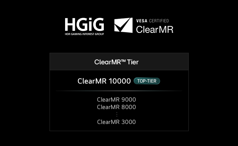 Logotipi HGiG i VESA Certified ClearMR se pojavljuju iznad ClearMR tabele nivoa, koja ističe ClearMR 10000 kao najviši nivo, pored nižih nivoa, uključujući 9000, 8000 i 3000.