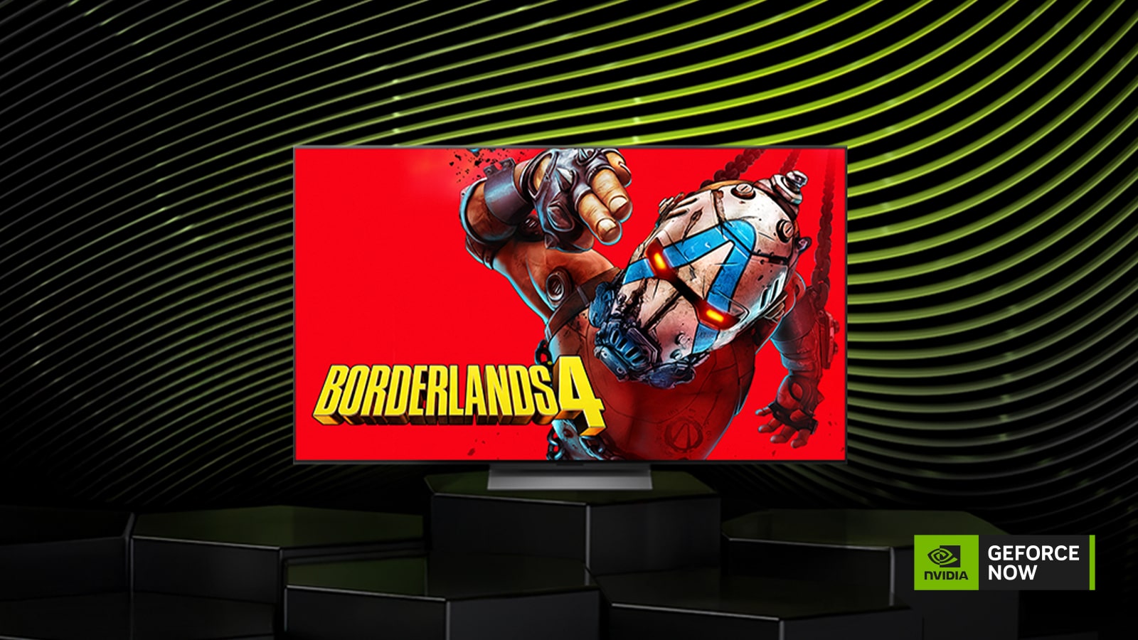 LG OLED evo televizor sa prvim 4K 120Hz HDR cloud gaming-om na svetu prikazuje Borderlands 4 pored GeForce NOW logotipa unutar TV interfejsa, ističući pristup cloud gaming-u direktno na ekranu bez potrebe za dodatnim uređajem.
